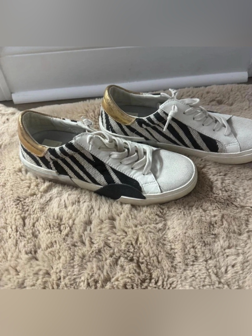 Dolce Vida Women's White Zebra-Print Low Top Sneakers with Gold Accent